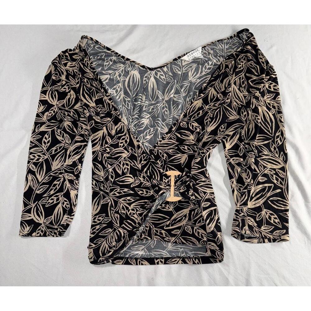 George Black and Beige Leaf Print Stretch Wrap Top Ladies Size 12/14